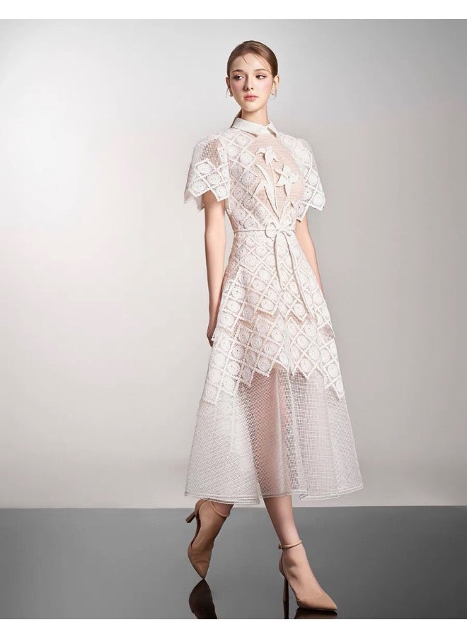 Loquat Chic Embroidered Lace Dress with Gathered Waist Design for Elegant Ladies - Unique Boutique Style  - Image 3