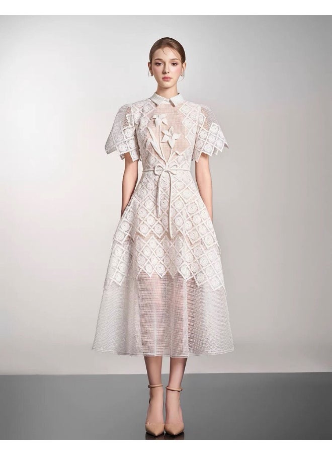 Loquat Chic Embroidered Lace Dress with Gathered Waist Design for Elegant Ladies - Unique Boutique Style  - Image 1