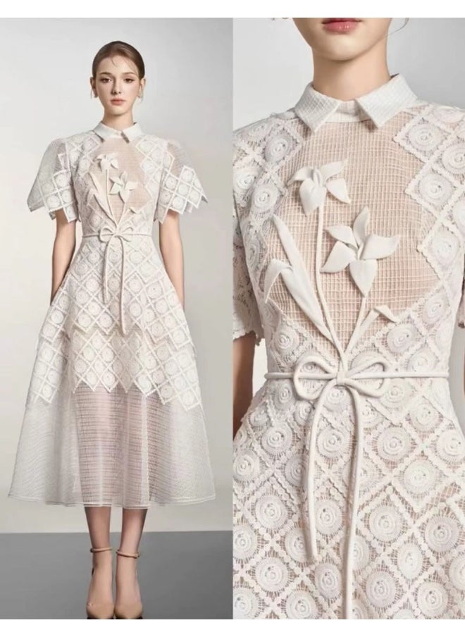 Loquat Chic Embroidered Lace Dress with Gathered Waist Design for Elegant Ladies - Unique Boutique Style  - Image 5