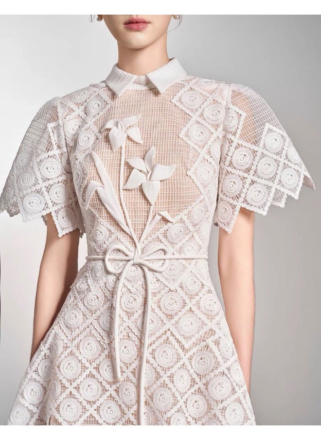 Loquat Chic Embroidered Lace Dress with Gathered Waist Design for Elegant Ladies - Unique Boutique Style  - Image 4