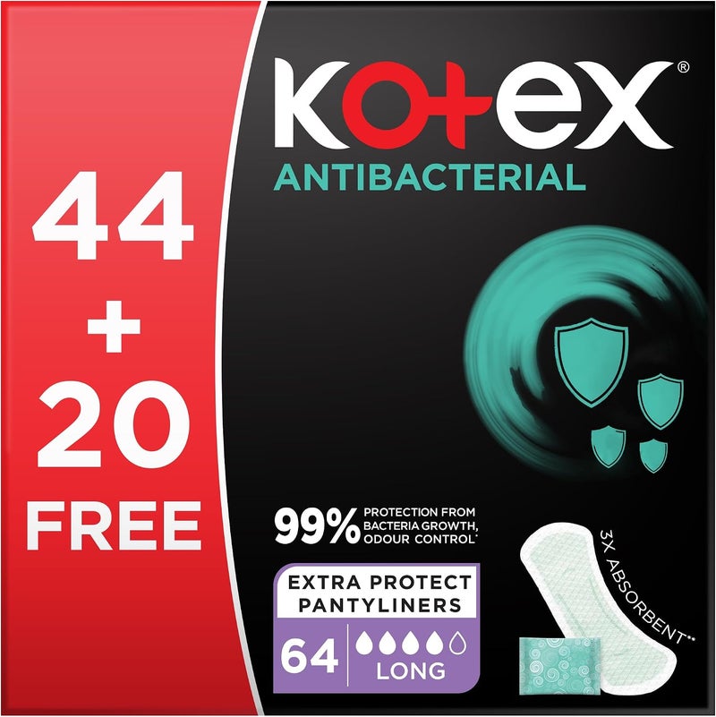 Kotex Antibacterial Long Panty Liners - 64 Count - Image 1
