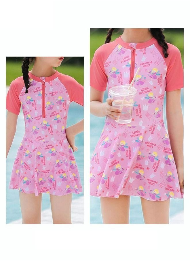 Generic - 1 Piece Kids Swimsuit Print Toddler Girls Swimwear Children Swimming Clothing Beachwear Short Sleeves Dress with Lining Bathing Suit Bikini for Summer Pink - Image 1