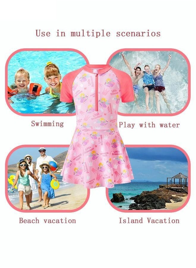 Generic - 1 Piece Kids Swimsuit Print Toddler Girls Swimwear Children Swimming Clothing Beachwear Short Sleeves Dress with Lining Bathing Suit Bikini for Summer Pink - Image 1