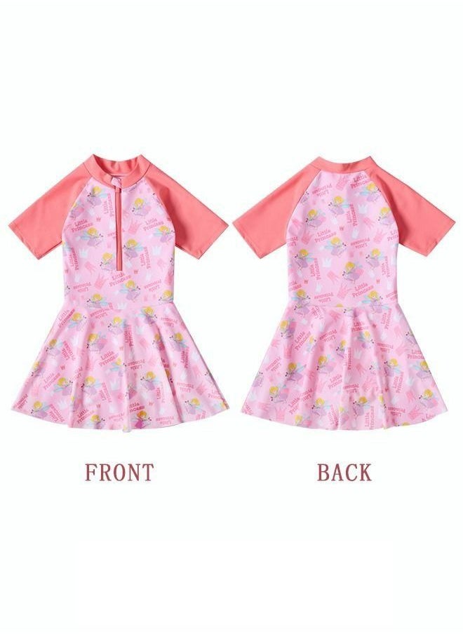 Generic - 1 Piece Kids Swimsuit Print Toddler Girls Swimwear Children Swimming Clothing Beachwear Short Sleeves Dress with Lining Bathing Suit Bikini for Summer Pink - Image 1