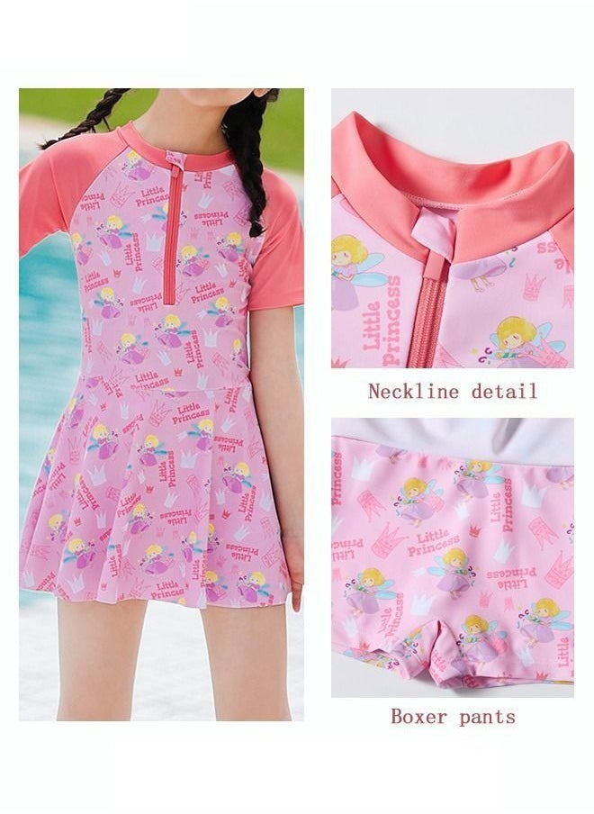 Generic - 1 Piece Kids Swimsuit Print Toddler Girls Swimwear Children Swimming Clothing Beachwear Short Sleeves Dress with Lining Bathing Suit Bikini for Summer Pink - Image 1