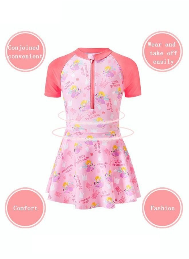 Generic - 1 Piece Kids Swimsuit Print Toddler Girls Swimwear Children Swimming Clothing Beachwear Short Sleeves Dress with Lining Bathing Suit Bikini for Summer Pink - Image 1