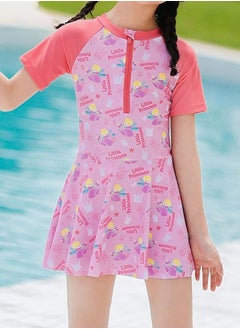 1 Piece Kids Swimsuit Print Toddler Girls Swimwear Children Swimming Clothing Beachwear Short Sleeves Dress with Lining Bathing Suit Bikini for Summer Pink