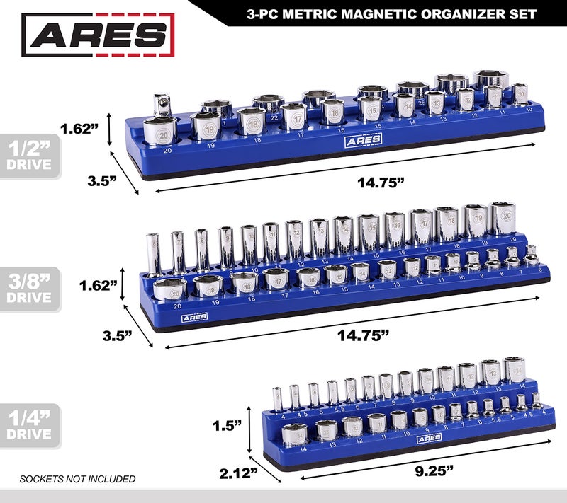 ARES مجموعة تنظيم مقابس مغناطيسية مكونة من 3 قطع باللون الأزرق ARES 60036 - تشمل حوامل مقابس بحجم 1/4 بوصة، 3/8 بوصة، و 1/2 بوصة - تحمل مقابس بالحجم القياسي والمقابس العميقة - تحافظ على تنظيم صندوق أدواتك - Image 5