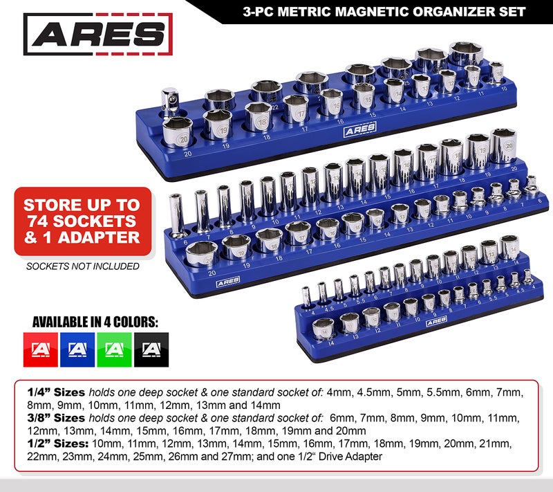 ARES مجموعة تنظيم مقابس مغناطيسية مكونة من 3 قطع باللون الأزرق ARES 60036 - تشمل حوامل مقابس بحجم 1/4 بوصة، 3/8 بوصة، و 1/2 بوصة - تحمل مقابس بالحجم القياسي والمقابس العميقة - تحافظ على تنظيم صندوق أدواتك - Image 2