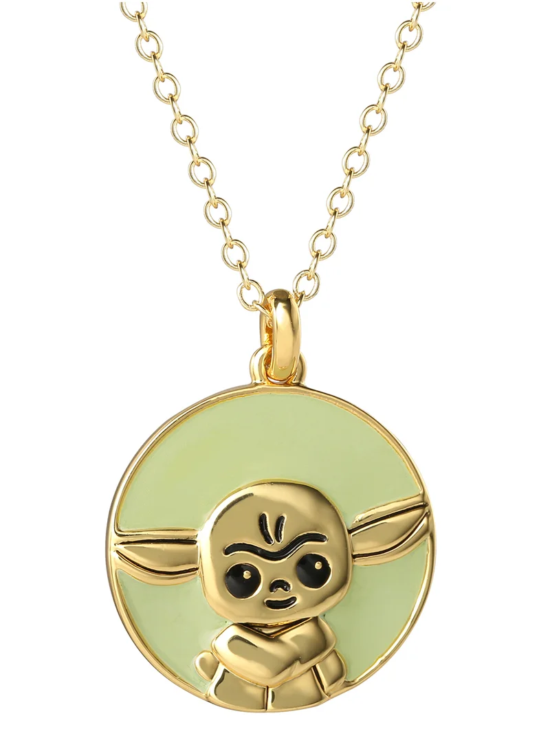 ديزني Star Wars The Mandalorian Child Green And Gold Enamel Silver Plated Brass Disc Necklace CF01092YL-Q.PH