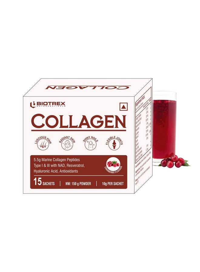 Biotrex Nutraceuticals Biotrex Nutraceuticals Collagen Powder Supplement - 15 Sachets For Men & Women, Marine Collagen Powder Supports Healthy Skin, Luscious Hair, Flexible Joints, Shiny Nails, Cranberry Flavour - Image 1