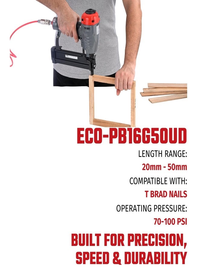 Kaymo ECO-PB16G50UD Pneumatic Brad Nailer with T-50mm Brad Nails (2500 Pins) | 16 Gauge T Series | 2 Kg Heavy-Duty Tool | 360° Top Air Exhaust | Depth Adjustment | Unjamming Catch | Metal Magazine - Image 4