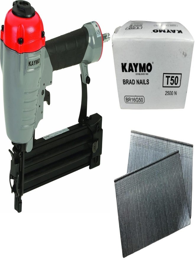 Kaymo ECO-PB16G50UD Pneumatic Brad Nailer with T-50mm Brad Nails (2500 Pins) | 16 Gauge T Series | 2 Kg Heavy-Duty Tool | 360° Top Air Exhaust | Depth Adjustment | Unjamming Catch | Metal Magazine - Image 1