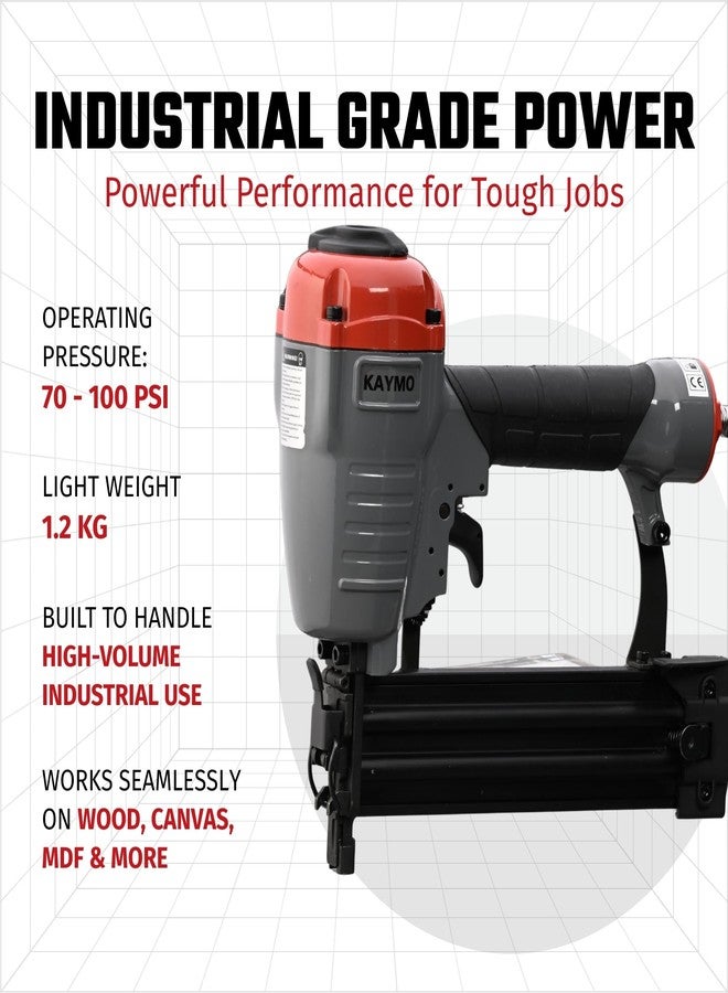 Kaymo ECO-PB16G50UD Pneumatic Brad Nailer with T-50mm Brad Nails (2500 Pins) | 16 Gauge T Series | 2 Kg Heavy-Duty Tool | 360° Top Air Exhaust | Depth Adjustment | Unjamming Catch | Metal Magazine - Image 3