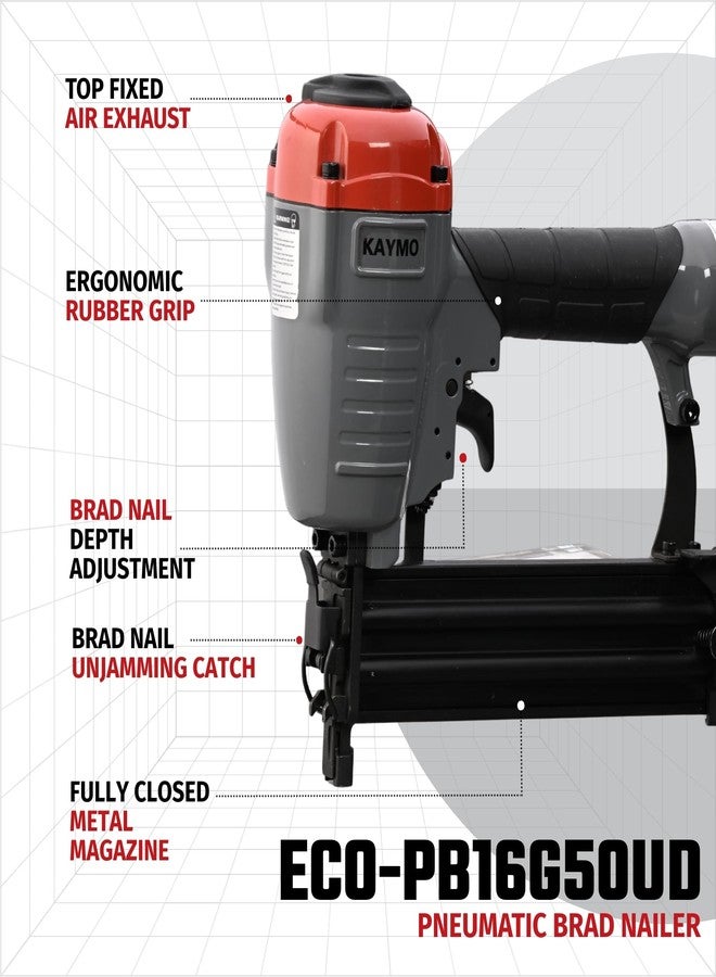 Kaymo ECO-PB16G50UD Pneumatic Brad Nailer with T-50mm Brad Nails (2500 Pins) | 16 Gauge T Series | 2 Kg Heavy-Duty Tool | 360° Top Air Exhaust | Depth Adjustment | Unjamming Catch | Metal Magazine - Image 2