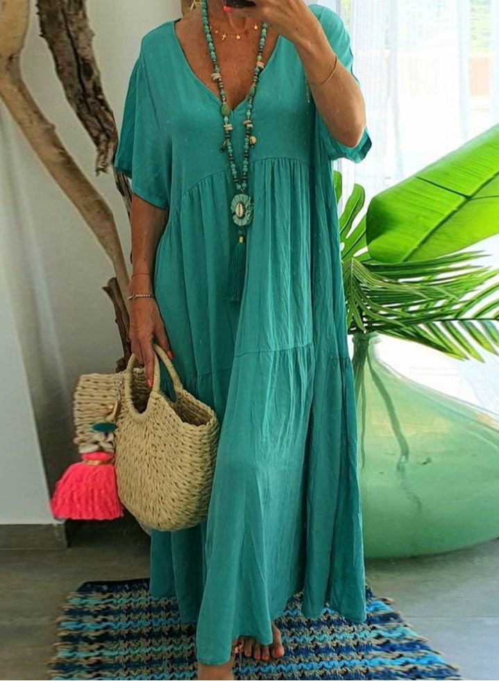 Loquat Womens Summer Loose Casual Short Sleeve Dresses Solid Color V-Neck Ruffled Maxi Dress Peacock Blue