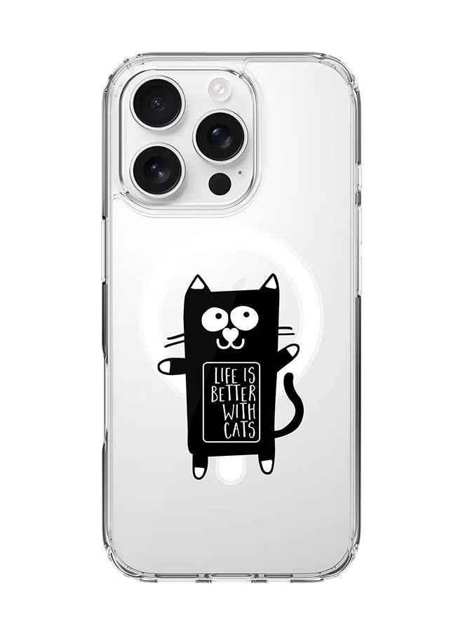 For iPhone 16 Pro Case [Compatible with MagSafe] Slim Magnetic cover Clear Phone Case - Life is better with cats