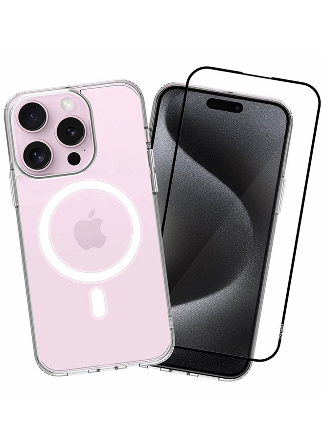 2 Packs For iPhone 15 Pro Max Case and Screen Protector Transparent Case MagSafe Compatible with Built-in Magnets Recycled Materials Ultra Durable with Grade Drop Protection
