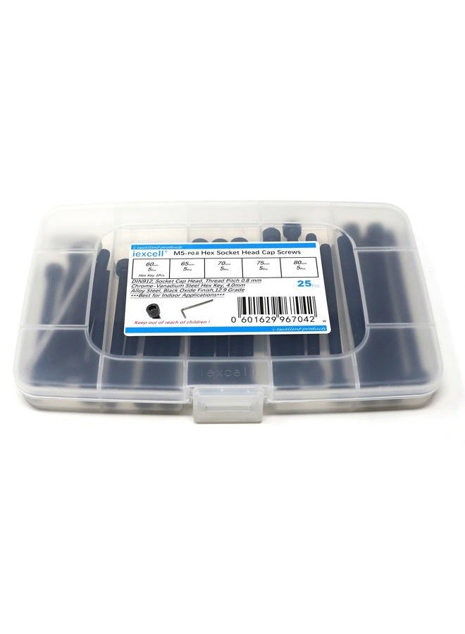 iExcell 25 Pcs 12.9 Grade M5 x 60mm/65mm/70mm/75mm/80mm Thread Pitch 0.8 mm Alloy Steel Hex Socket Head Cap Screws Bolts Assortment Kit, Black Oxide Finish - Image 1