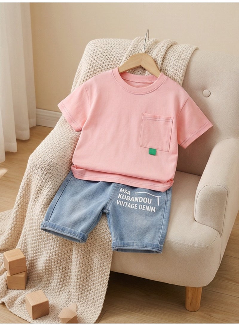 0-5 years old Baby boy high quality T-shirt suit summer new short sleeve child short sleeve kids girl cozy  denim shorts two piece set - Image 4