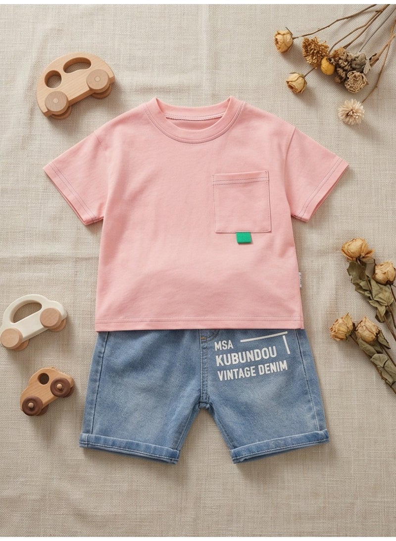 0-5 years old Baby boy high quality T-shirt suit summer new short sleeve child short sleeve kids girl cozy  denim shorts two piece set - Image 1
