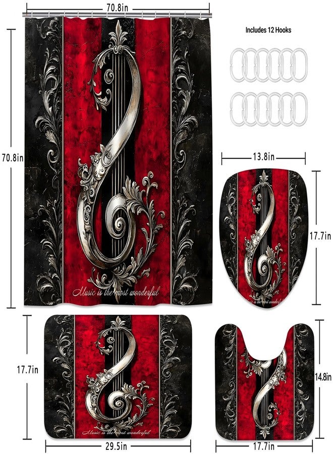 Chrainy 4pcs Musical Note Gothic Shower Curtain Set for Bathroom Red and Black Vintage Music Abstract Bathroom Decor Sets with Shower Curtain and Rugs,Accessories Bath Mat,U Shape and Toilet Lid Cover - Image 4