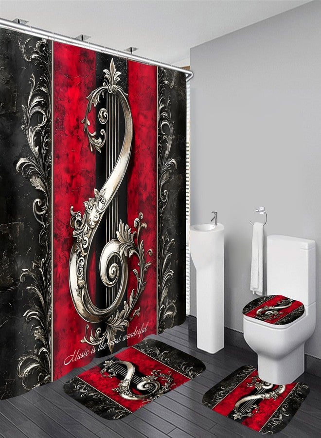 Chrainy 4pcs Musical Note Gothic Shower Curtain Set for Bathroom Red and Black Vintage Music Abstract Bathroom Decor Sets with Shower Curtain and Rugs,Accessories Bath Mat,U Shape and Toilet Lid Cover - Image 1