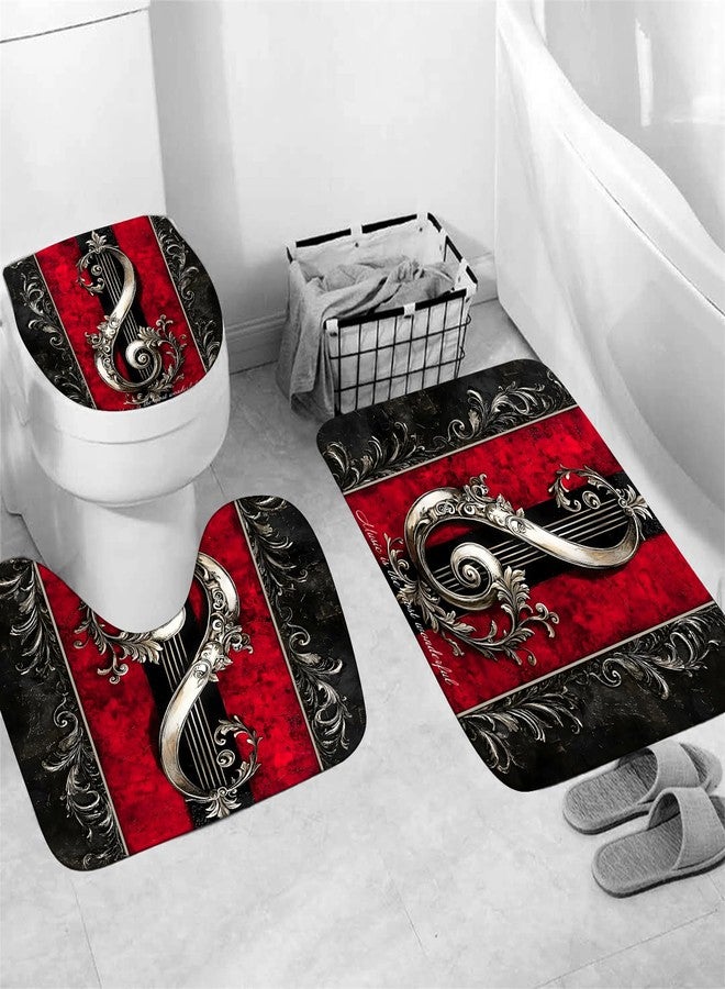 Chrainy 4pcs Musical Note Gothic Shower Curtain Set for Bathroom Red and Black Vintage Music Abstract Bathroom Decor Sets with Shower Curtain and Rugs,Accessories Bath Mat,U Shape and Toilet Lid Cover - Image 3