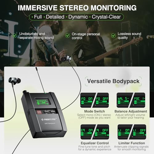 Phenyx Pro نظام مراقبة الأذن اللاسلكي Phenyx Pro، ستيريو حقيقي UHF IEM، مراقبات أذن للموسيقيين، مراقب مسرح معدني مع 89 تردد، تركيب على الرف، للاستوديو/الفرقة (2 حزم جسم مع جهاز إرسال) - Image 4