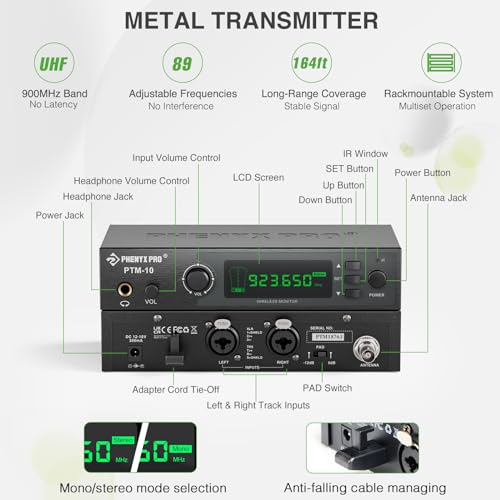 Phenyx Pro نظام مراقبة الأذن اللاسلكي Phenyx Pro، ستيريو حقيقي UHF IEM، مراقبات أذن للموسيقيين، مراقب مسرح معدني مع 89 تردد، تركيب على الرف، للاستوديو/الفرقة (2 حزم جسم مع جهاز إرسال) - Image 2