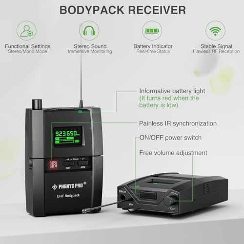 Phenyx Pro نظام مراقبة الأذن اللاسلكي Phenyx Pro، ستيريو حقيقي UHF IEM، مراقبات أذن للموسيقيين، مراقب مسرح معدني مع 89 تردد، تركيب على الرف، للاستوديو/الفرقة (2 حزم جسم مع جهاز إرسال) - Image 3