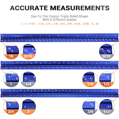 Hutou 12" Architectural Scale Ruler Aluminum Architect Scale Triangular Scale Ruler for Architects, Draftsman, Students and Engineers, Blue - Image 3