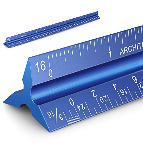 Hutou 12" Architectural Scale Ruler Aluminum Architect Scale Triangular Scale Ruler for Architects, Draftsman, Students and Engineers, Blue - Image 1