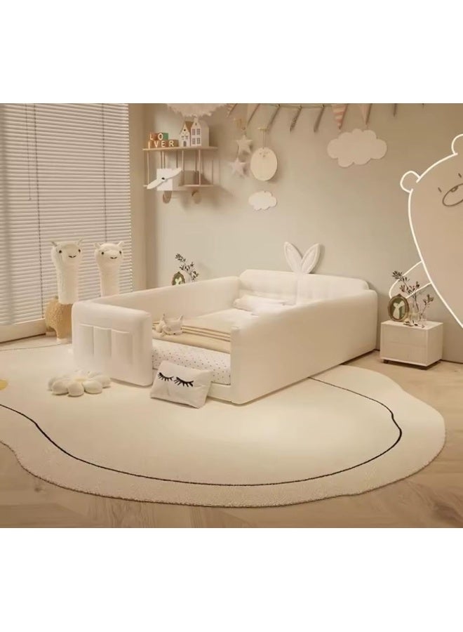 Bunny-Themed Kids Bed with 1-Piece Side Table In Off-White Velvet 120x200 cm - Image 2