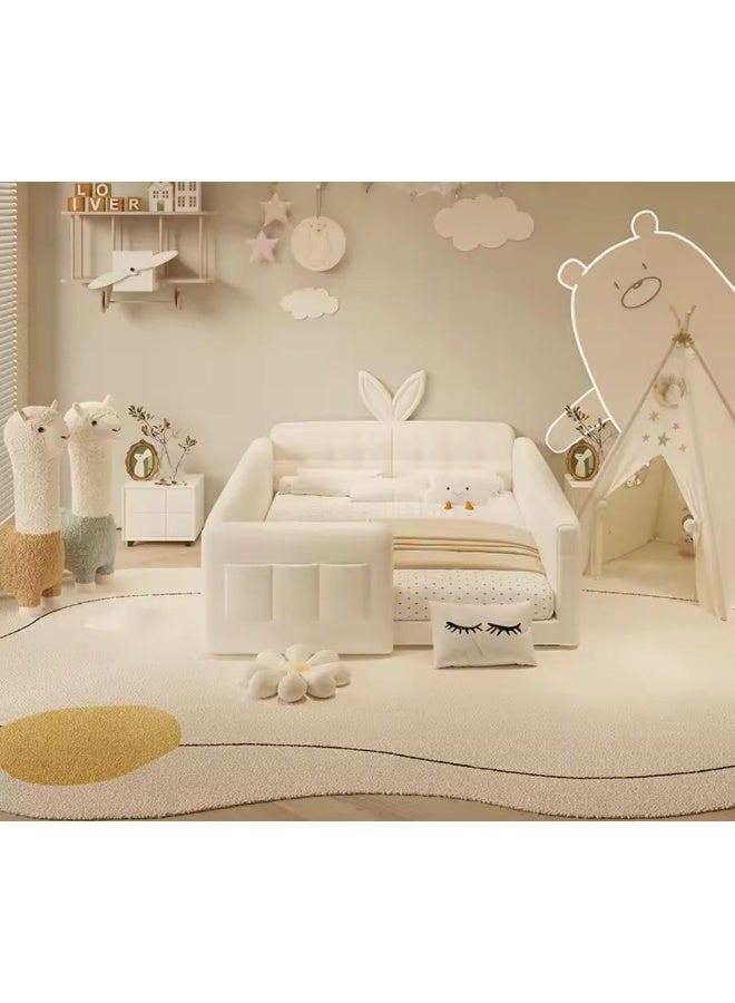 Bunny-Themed Kids Bed with 1-Piece Side Table In Off-White Velvet 120x200 cm - Image 1