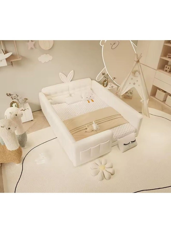 Bunny-Themed Kids Bed with 1-Piece Side Table In Off-White Velvet 120x200 cm - Image 4