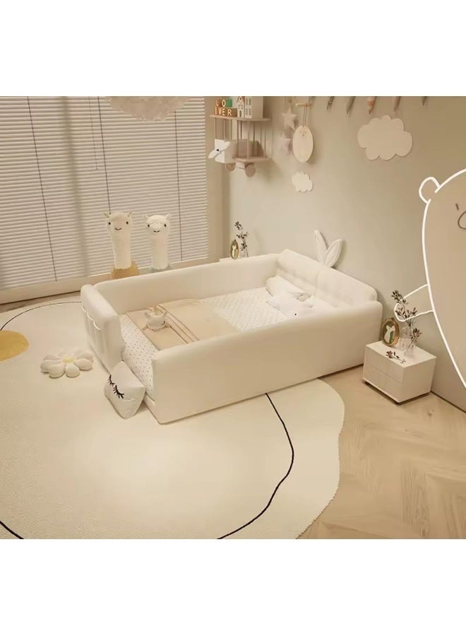 Bunny-Themed Kids Bed with 1-Piece Side Table In Off-White Velvet 120x200 cm - Image 5
