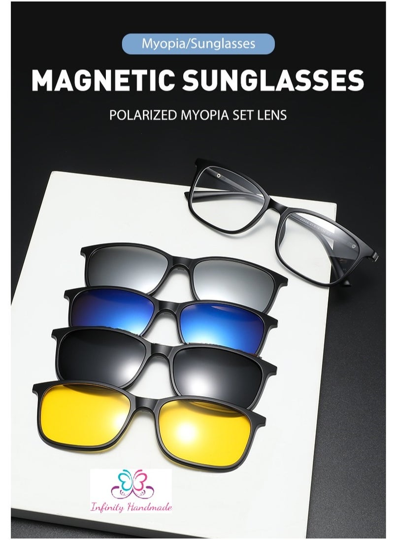 Generic - Unisex sunglasses featuring a TR90 base frame with four magnetic replacement lenses in various colors, polarized sunglasses, superior UV400 protection, and an elegant leather case, perfect for a special gift. Exclusively from INFINITYHANDMADE. - Image 1