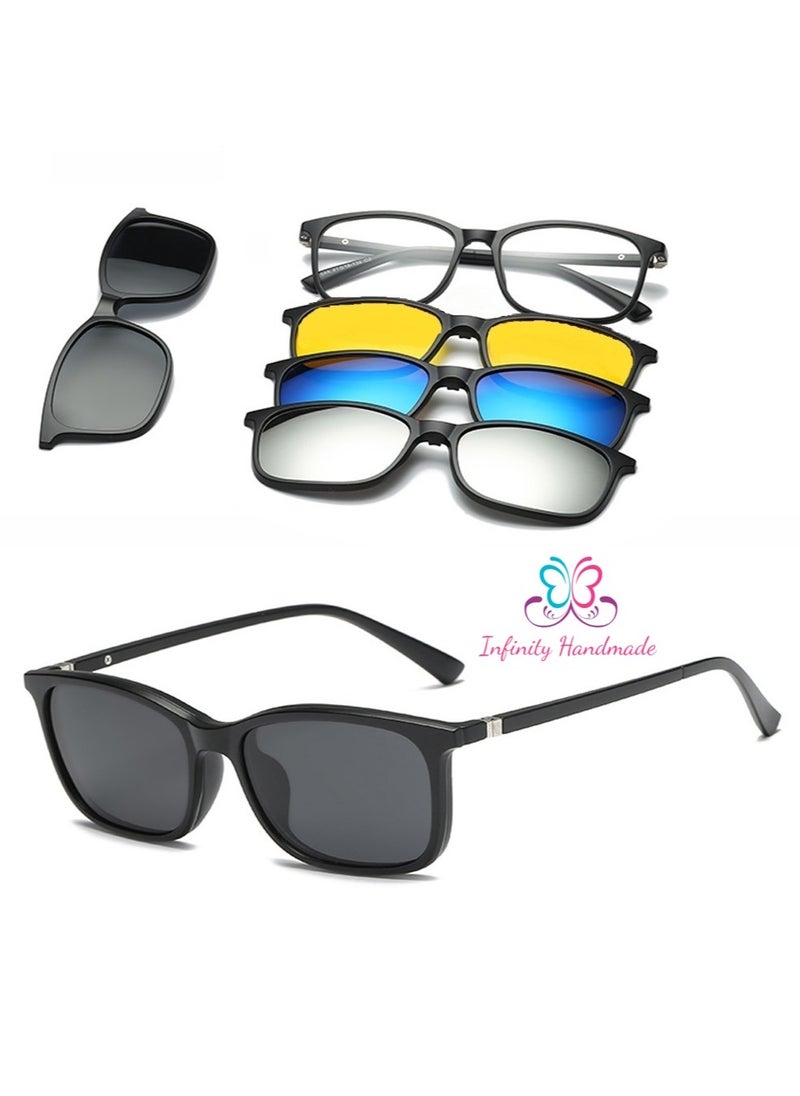 Generic - Unisex sunglasses featuring a TR90 base frame with four magnetic replacement lenses in various colors, polarized sunglasses, superior UV400 protection, and an elegant leather case, perfect for a special gift. Exclusively from INFINITYHANDMADE. - Image 1