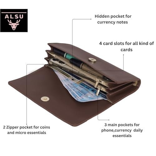 ALSU Women's Wallet |Ladies Purse| Clutch Vegan Leather | Phone Pocket | 4 Card Pocket (Brown) - Image 5