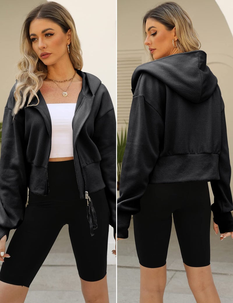 Arssm Cropped Hoodie Women Long Sleeve Sweatshirts Casual Fashion Hooded Zip up Workout Jacket with Thumb Holes(Black-L) - Image 2