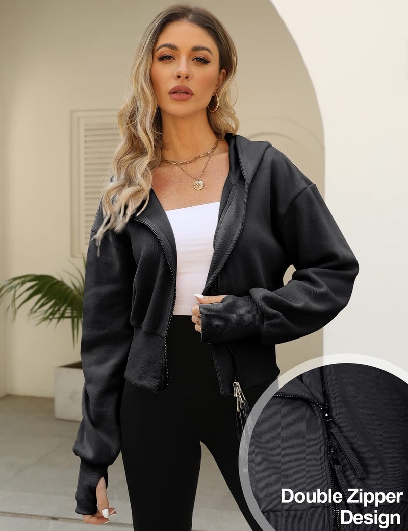 Arssm Cropped Hoodie Women Long Sleeve Sweatshirts Casual Fashion Hooded Zip up Workout Jacket with Thumb Holes(Black-L) - Image 4