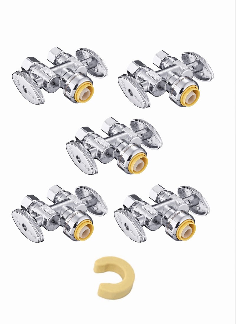 EFIELD (Pack of 5) EFIELD Push Fit 1/2" x Dual 3/8" OD Compression Straight Stop Valve, 1/4 Turn with a Disconnect Clip Tool,(PF-VALVE039-5PCS) - Image 1