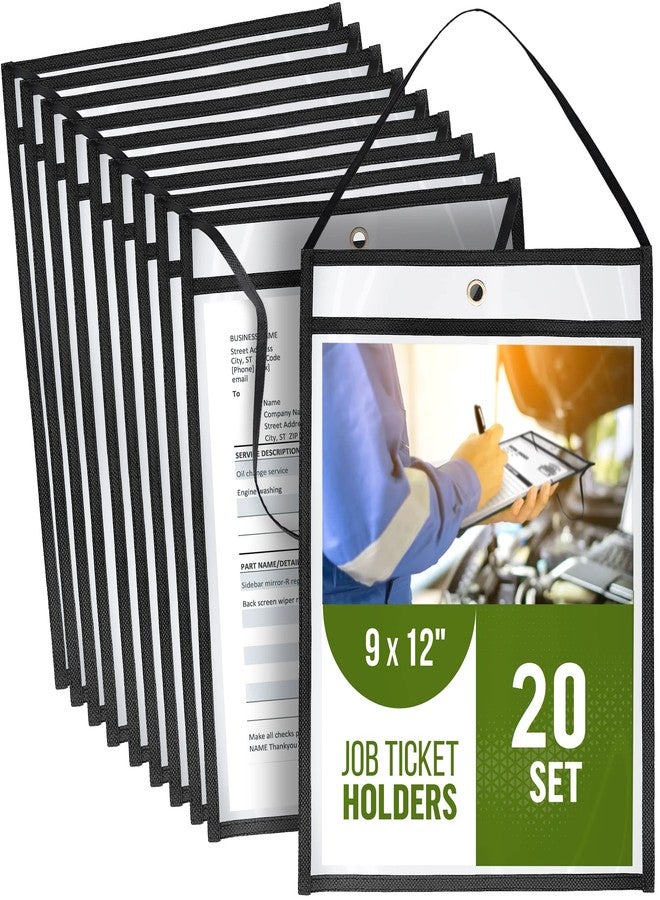 JUZARI 20 Pack Job Ticket Holders 9x12 with Strap - Permit Holder for Documents - Hanging Shop Ticket Holders - Work Order Plastic Sleeves - Dry Erase Pockets Sleeves Mechanic & Automotive Work Order Sleeve - Image 1