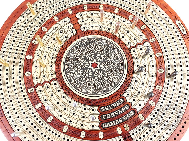 House of Cribbage - Round Shape 4 Tracks Continuous Cribbage Board Bloodwood/Maple with Push Drawer & Place for Skunks, Corners & Won Games - Image 5