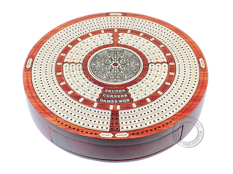 House of Cribbage - Round Shape 4 Tracks Continuous Cribbage Board Bloodwood/Maple with Push Drawer & Place for Skunks, Corners & Won Games - Image 3