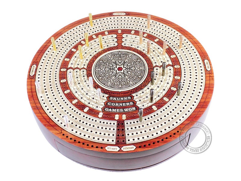 House of Cribbage - Round Shape 4 Tracks Continuous Cribbage Board Bloodwood/Maple with Push Drawer & Place for Skunks, Corners & Won Games - Image 4