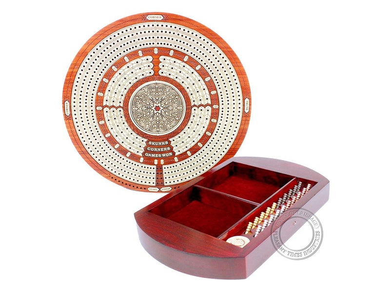 House of Cribbage - Round Shape 4 Tracks Continuous Cribbage Board Bloodwood/Maple with Push Drawer & Place for Skunks, Corners & Won Games - Image 2