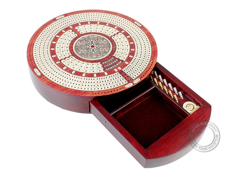 House of Cribbage - Round Shape 4 Tracks Continuous Cribbage Board Bloodwood/Maple with Push Drawer & Place for Skunks, Corners & Won Games - Image 1