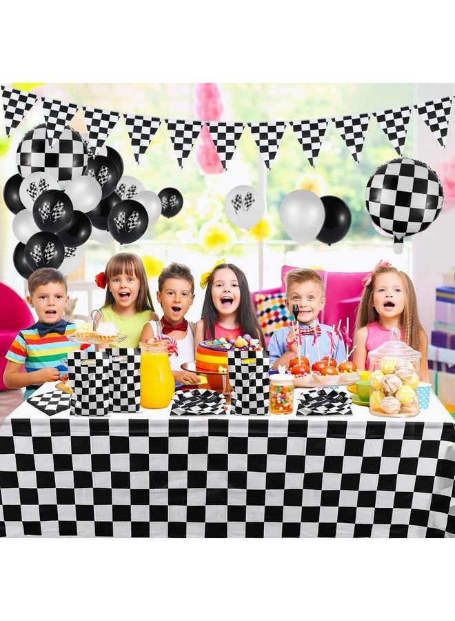 BeYumi 127Pack Race Car Checkered Party Supplies Decoration Kit, Including Banner Pennant Balloons Tablecloth Tableware Goodies Gift Bags, Black and White Party Decorations Pack, Serves 20 Guests - Image 4